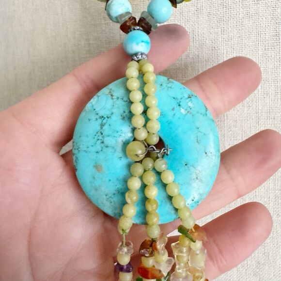 Turquoise Donut Chunky Natural Stone Bohemian Necklace Citrine Amber Sterling - Picture 11 of 12